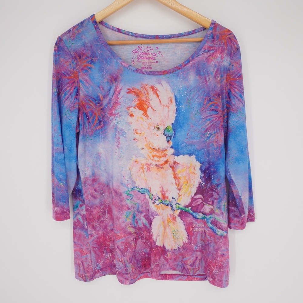 Leoma Lovegrove Artwear Cockatiel Print Top Womens M Colorful Beach Resort